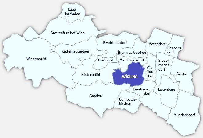 Karte des Bezirks Mödling mit allen Gemeinden – Gaaden liegt im Südwesten des Bezirks